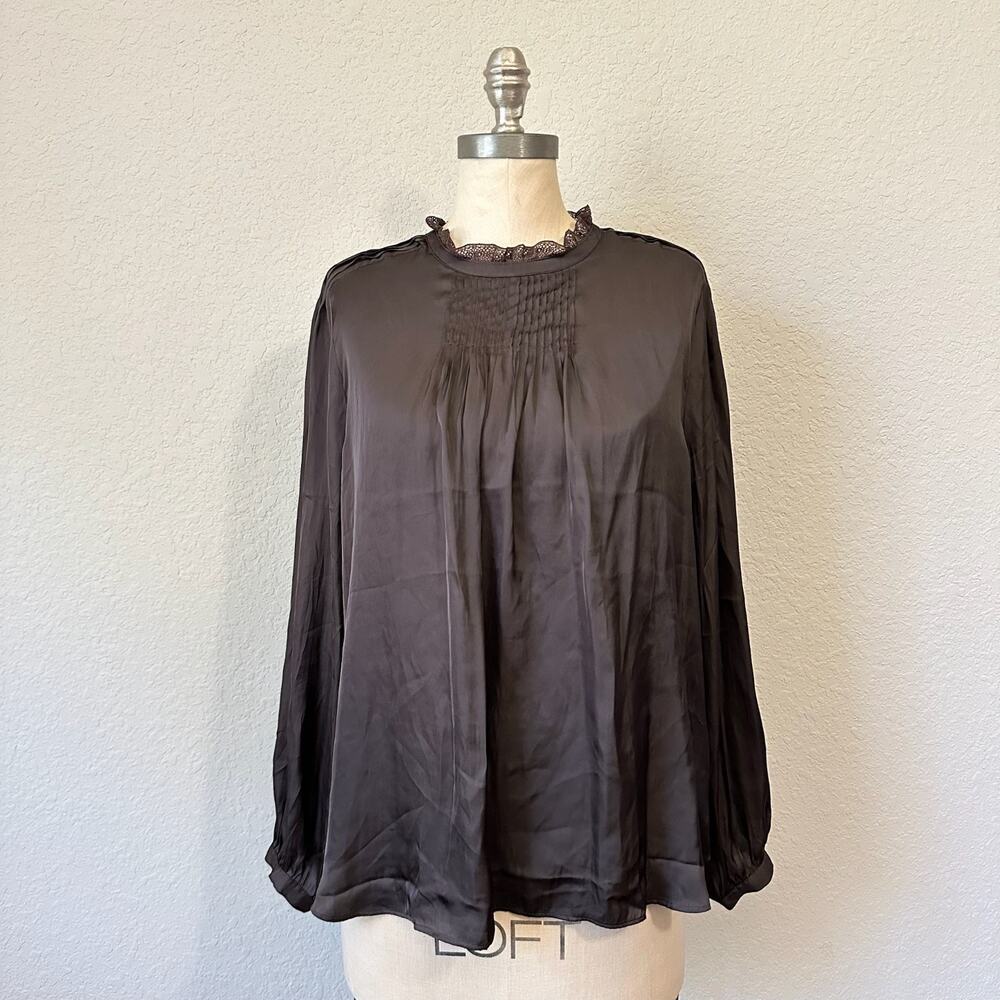 J.CREW Ruffleneck Drapey Top Chocolate Brown Pintuck Satin Blouse